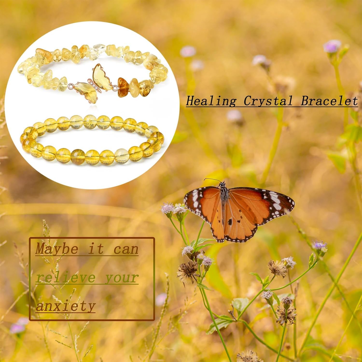 El Regalo 2PCs Natural Crystals Butterfly Bracelets Set- Real Crystals Healing Stones Bracelet Combo for Women (Yellow Citrine)