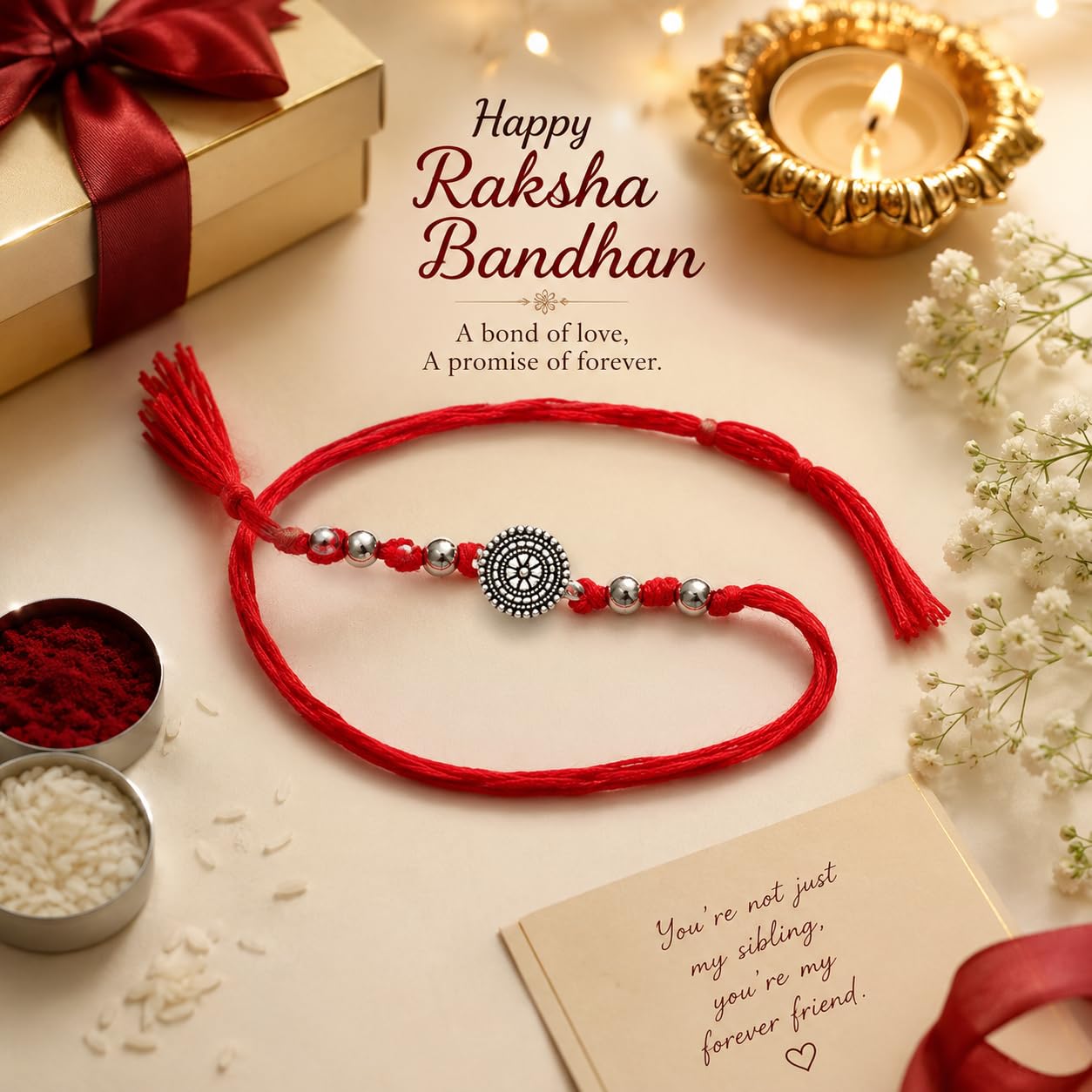 El Regalo 1PC Simple Red Thread Rakhi for Brother- Minimalist Antique German Silver Charm Rakhi with Roli Chawal, Rakhi Message Card