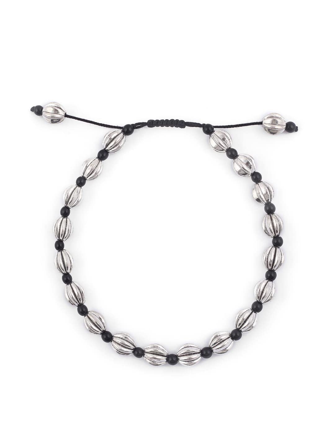 El Regalo 2 PCs Boho Macrame Adjustable Oxidized German Silver Bead Anklet for Girls & Women (Carved Beads)