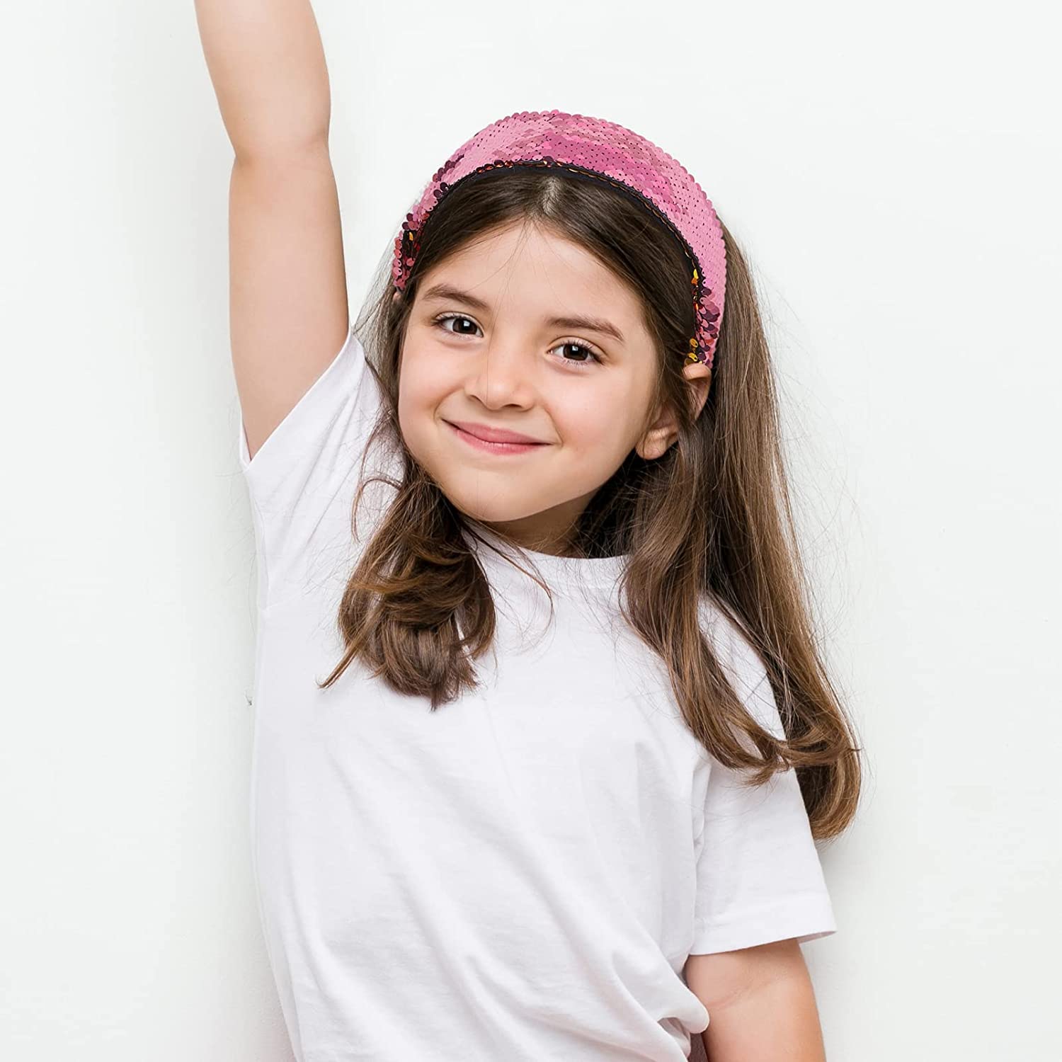 El Regalo 1 PC Reversible Sequins Stretchy Glittery Fashion Headbands for Teen Girls & Women (Pink/Silver)