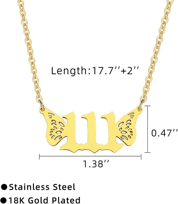 El Regalo Small Butterfly Wings Angel Number Necklace- Stainless Steel, Anti Tarnish, Angel Number Numerology Jewelry for Women & Girls (Angel Number 444)