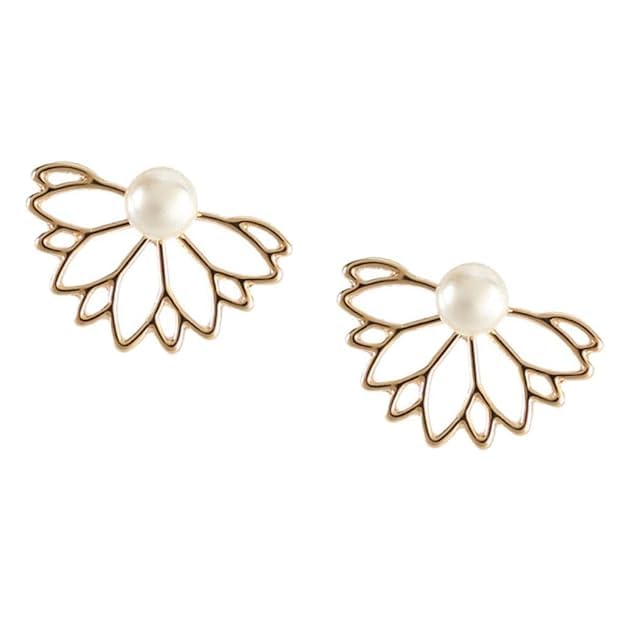 El Regalo Lotus Flower Pearl Ear Jacket Earrings for Women & Girls - Front Back Double-Sided Hollow Lotus Flower Stud Earrings - Elegant Ear Cuffs with Pearl Design - 2 Wearing Styles (Gold)