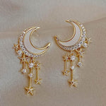 El Regalo Golden Moon, Pearl, Cat, Flower, Wings Dangle Earrings For Girls & Women- Temperament Pearl Cherry Cat Rhinestone Earring Girl Party Jewelry Gift (Moon Star Tassel Earrings)