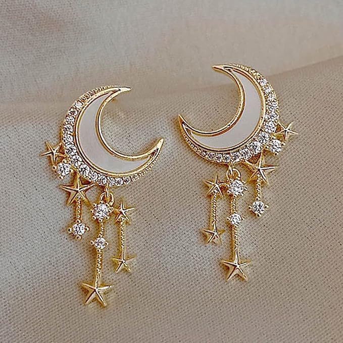 El Regalo Golden Moon, Pearl, Cat, Flower, Wings Dangle Earrings For Girls & Women- Temperament Pearl Cherry Cat Rhinestone Earring Girl Party Jewelry Gift (Moon Star Tassel Earrings)