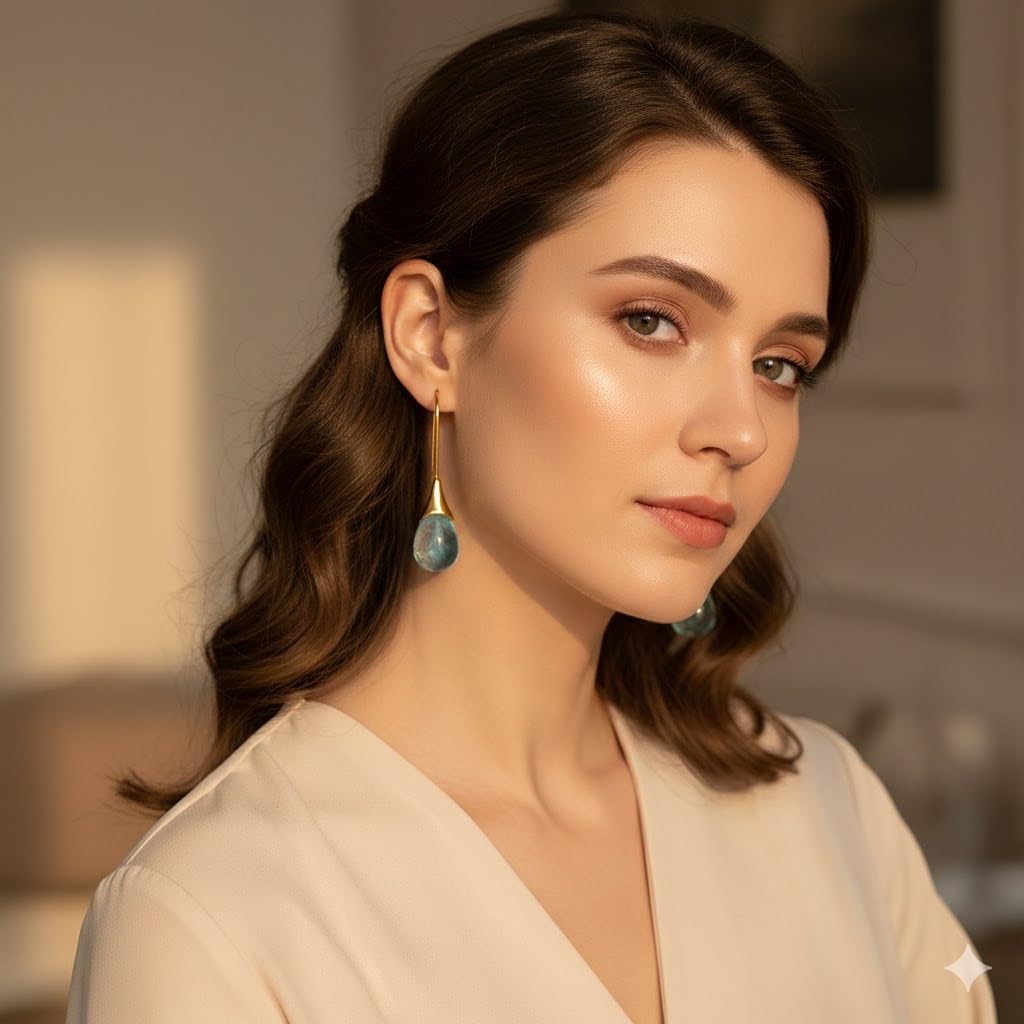 El Regalo Beverly Mint Designs Minimalist Teardrop Drop Earrings for Women & Girls - Classy Pastel Glass Stone Dangle Hooks for Western & Indo-Western Outfits (Aquamarine)
