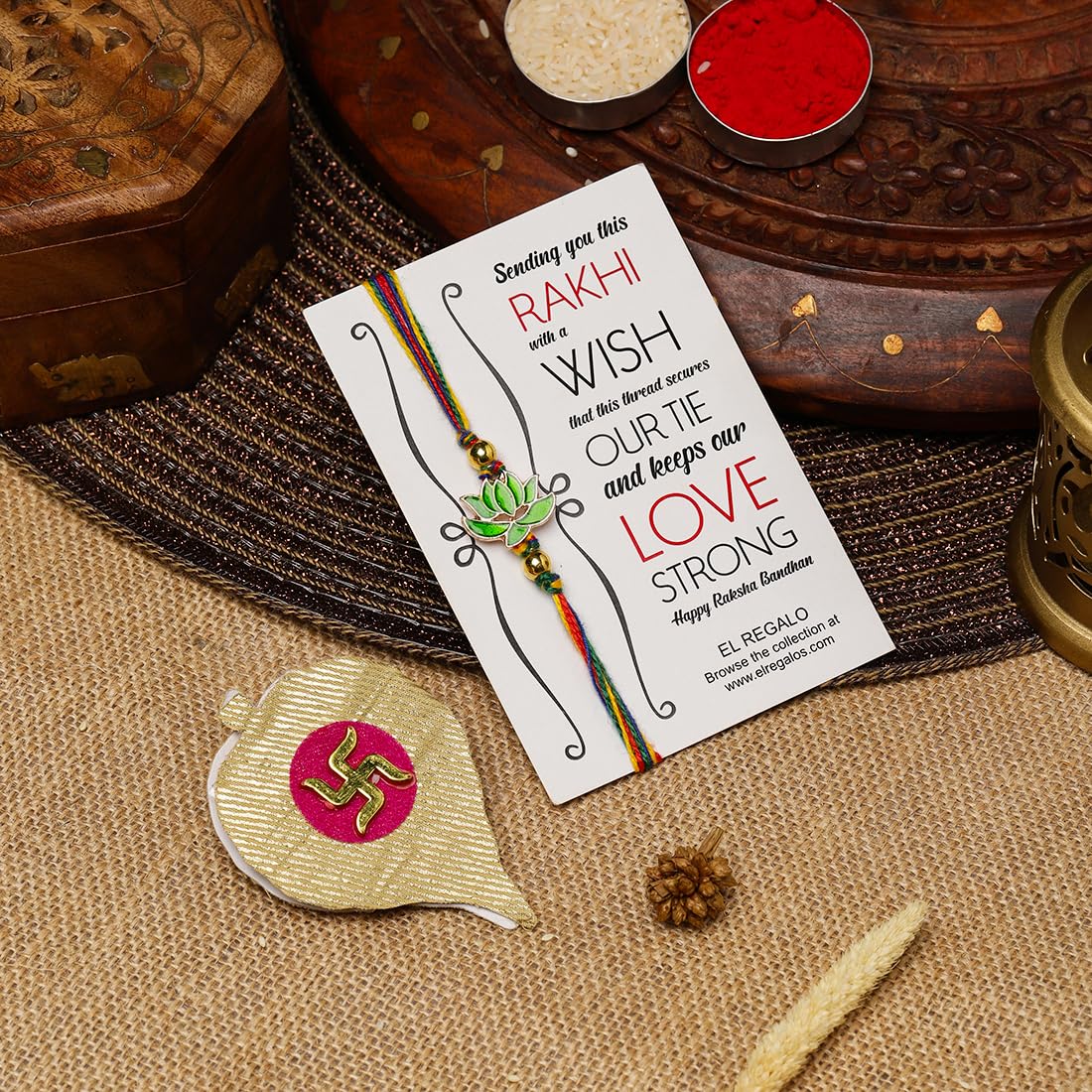 El Regalo 1PC Simple Lotus Flower Rakhi for Brother- Minimalist Lotus Thread Rakhi with Roli Chawal, Rakhi Message Card in Rakhi Gift Box (Option-3)