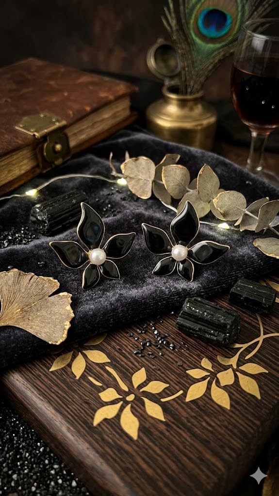 El Regalo 1Pair Stainless Steel Flower Pearl Earrings for Girls & Women | Gold Plated Retro Vintage Floral Enamel Stud Earrings | Anti-Tarnish Hypoallergenic Earrings | Cute & Elegant Studs (Black)