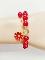 El Regalo 1 PC Dailsy Flower Sparkly Crystal Beads Tassel Bracelet for Girls/Teens/Women- Cute Crackle Beads Daisy Flower Stretch Bracelet (Red)