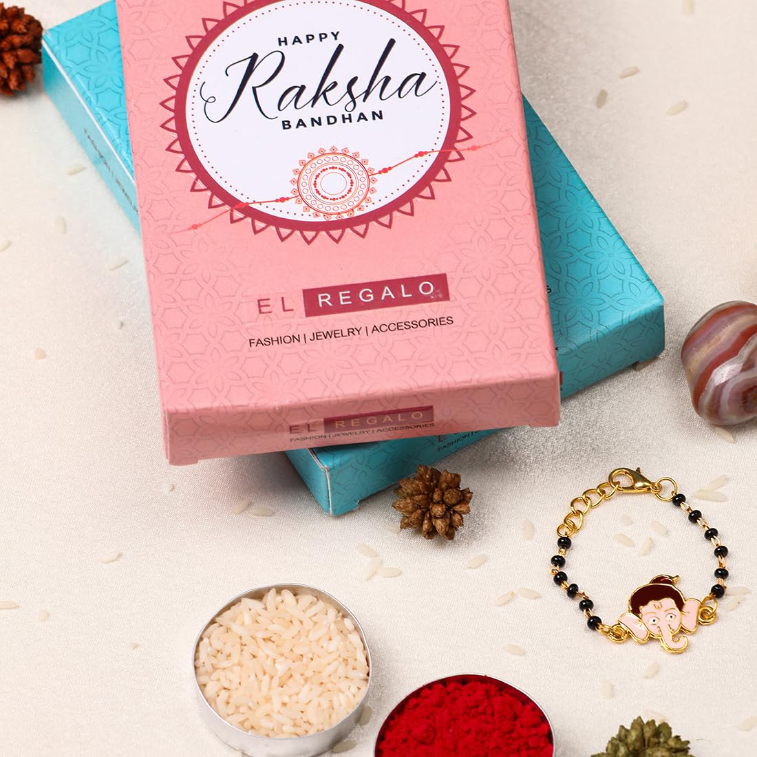 El Regalo 1PC Cute Kids Nazaria Rakhi for Little Brother - Kids Chrams Nazaria Rakhis for Babies/Toddlers with Roli Chawal, Rakhi Message Card in Rakhi Gift Box (Bal Ganesha Nazaria)