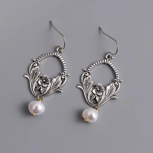 El Regalo Vintage Dainty Flower Pearl Earrings- Exquisite Carving Leaf Flower Earrings for Women