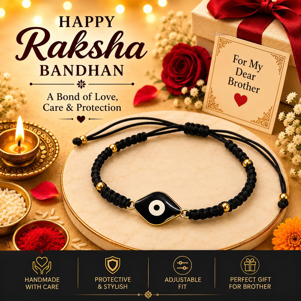 El Regalo Evil Eye Bracelet Rakhi for Brother with Roli Chawal in Gift Box (Black)
