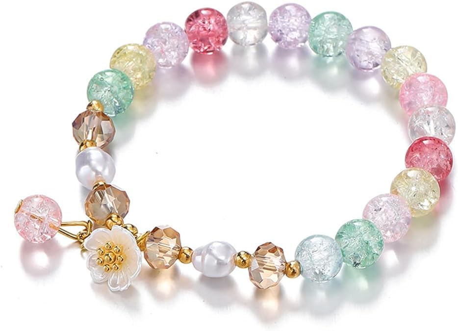 El Regalo 4PCs Cute Flower Bracelets- Shiny & Colorful Flower Charm Bracelets Set- Handmade Crystal Beaded Daisy Bracelets for Women Girls (Colors Option-1)