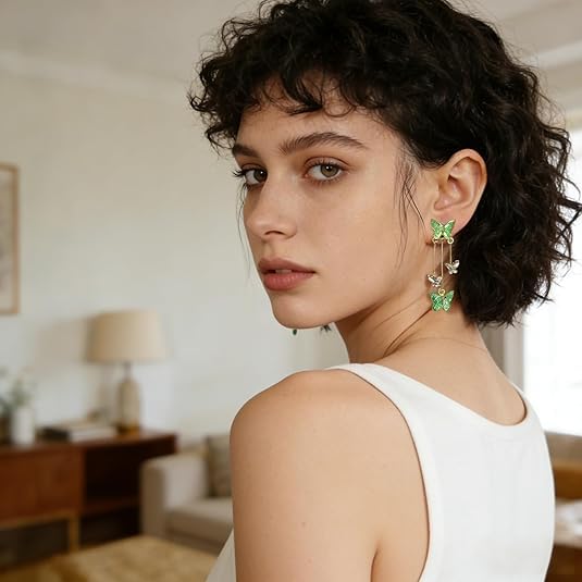 El Regalo Cute 3D Crystal Butterfly Tassel Earrings for Women & Girls | 18K Gold Plated Long Hanging Drop Linear Earrings | Elegant Korean Aesthetic Western Party Jewelry (Green)