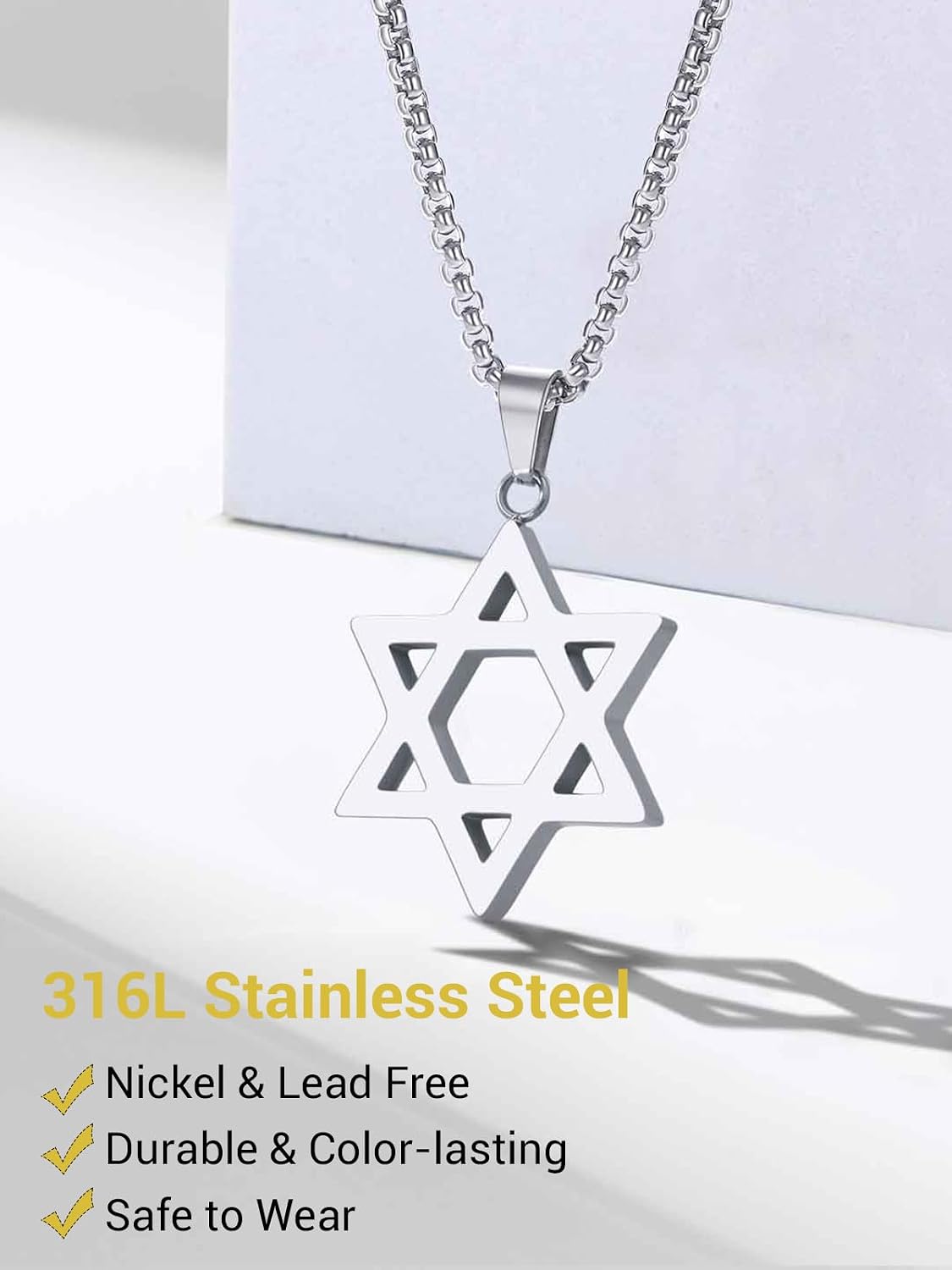 Star of David Necklaces, Stainless Steel 18K Gold Plated or Black Color Megan Star Pendant Amulet Israel Necklace Gift for Women Men, Small or Big, 1.57" x 1.18" x 3.7mm, Stainless Steel, No Gemstone