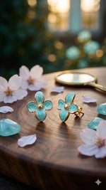 El Regalo Luxurious Oil Drip Flower Stud Earrings for Women & Girls | Stainless Steel Floral Studs | Anti-Tarnish, Skin Friendly Enamel Jewelry | Gift for Her (Floral Collection) (Teel Green - Gold)