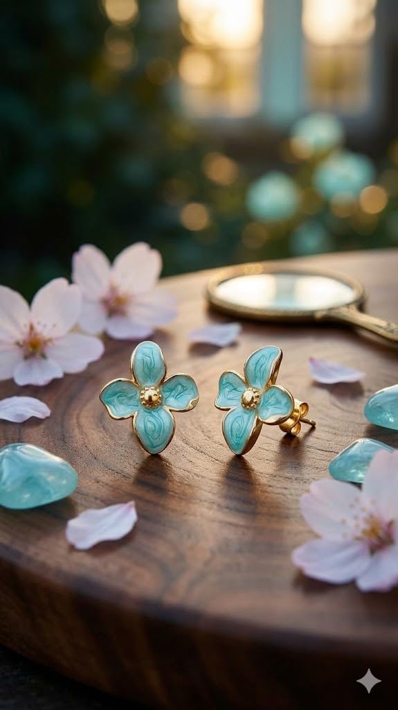 El Regalo Luxurious Oil Drip Flower Stud Earrings for Women & Girls | Stainless Steel Floral Studs | Anti-Tarnish, Skin Friendly Enamel Jewelry | Gift for Her (Floral Collection) (Teel Green - Gold)