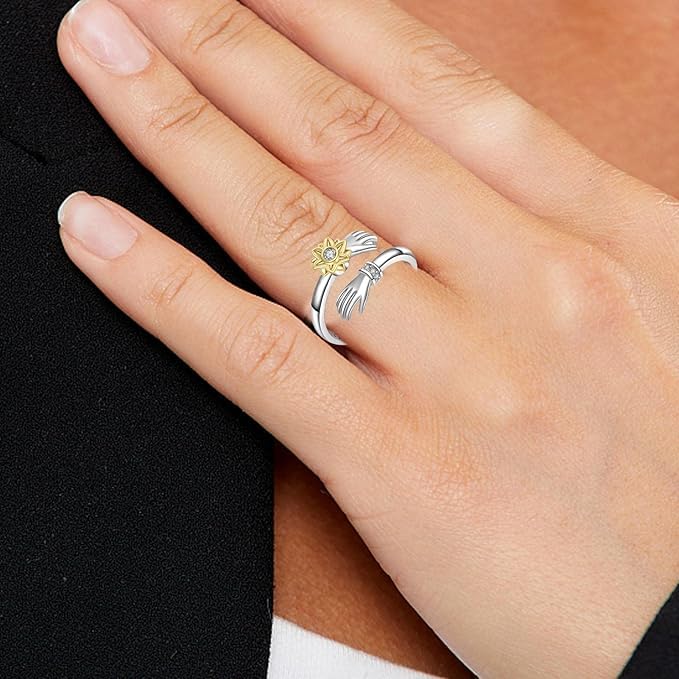 El Regalo Spinner Sunflower Zirconia Hug Ring- Adjustable 360 degrees Rotating Hugging Hands Ring for Girls/Women (Always With You)