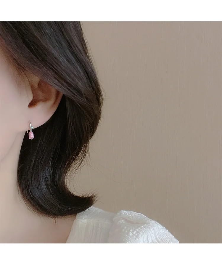 El Regalo Cute Tiny Pink Tulip Flower Bud Earrings for Girls & Women- Enameled Tulip Crawler Climber Earrings