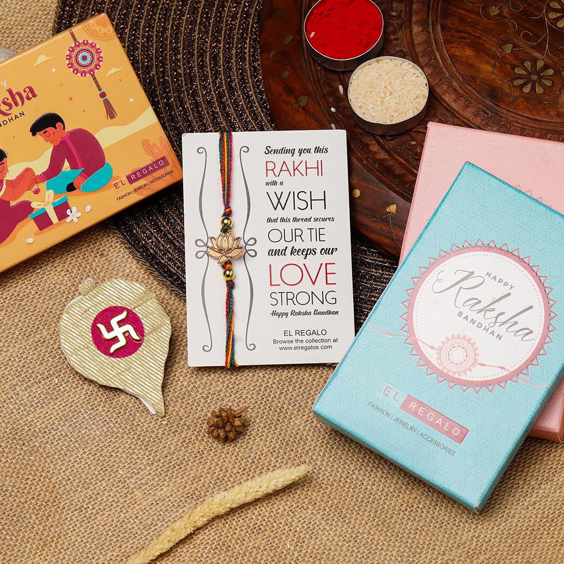 El Regalo 1PC Simple Lotus Flower Rakhi for Brother- Minimalist Lotus Thread Rakhi with Roli Chawal, Rakhi Message Card in Rakhi Gift Box (Option-6)