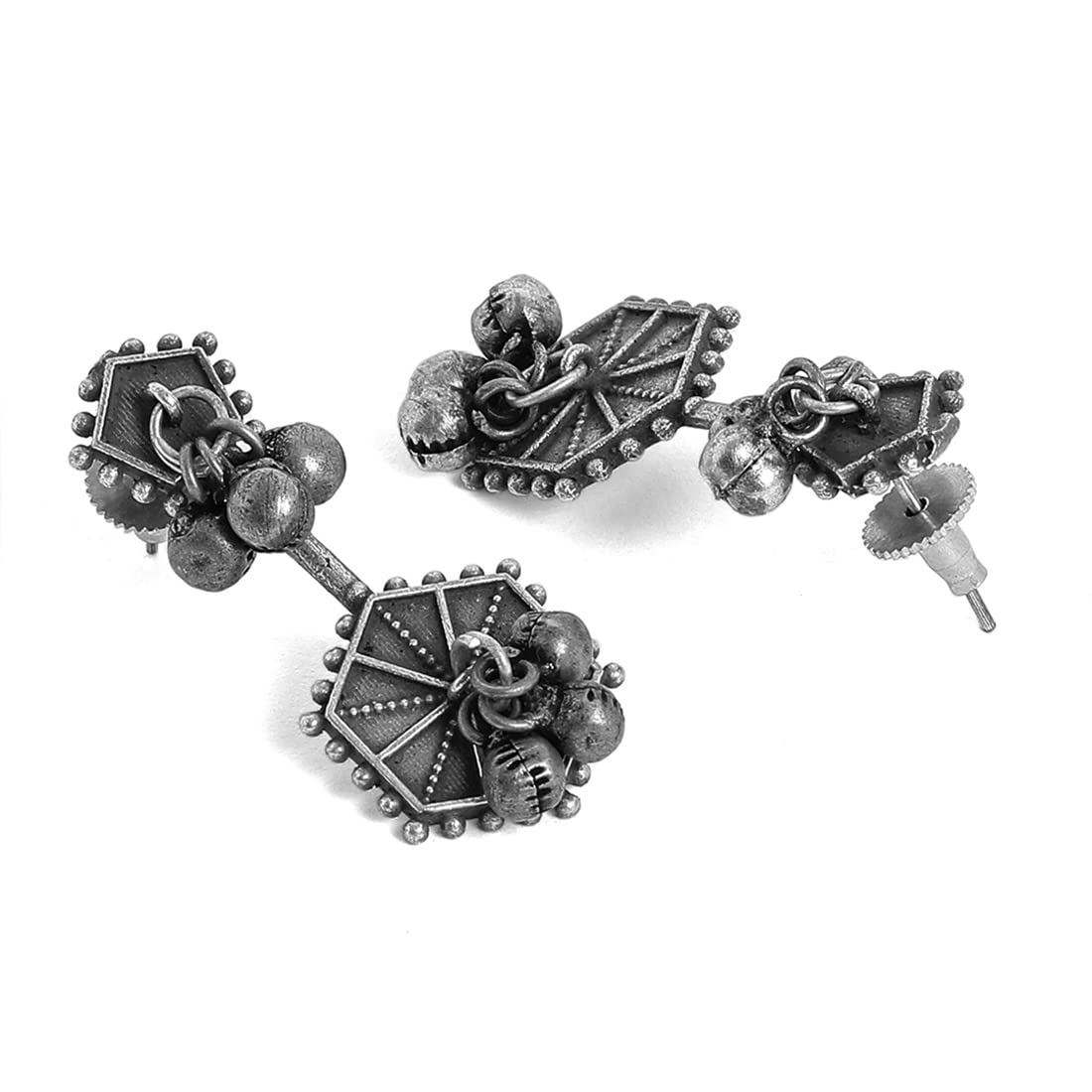 El Regalo Oxidized Brass Retro Earrings for Girls & Women: Silver Lookalike Indian Traditional Studs Earrings in Antique Silver Finish
