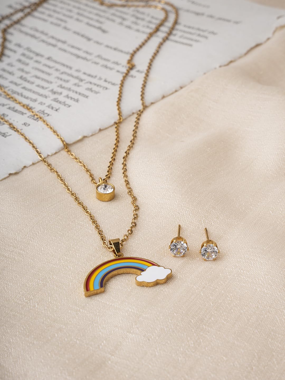 El Regalo Stainless Steel Rainbow Cloud Double Layer Necklace & Earrings Set - Anti Tarnish, Waterproof Jewelry for Kids, Girls, Women - Cute and Elegant Jewelry Set