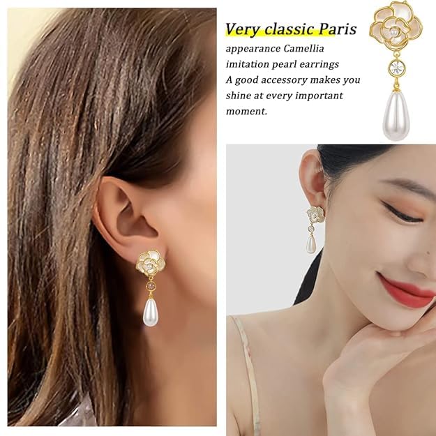 El Regalo Women's & Girl's Elegant White Camellia Flower Pearl Stud Earrings-