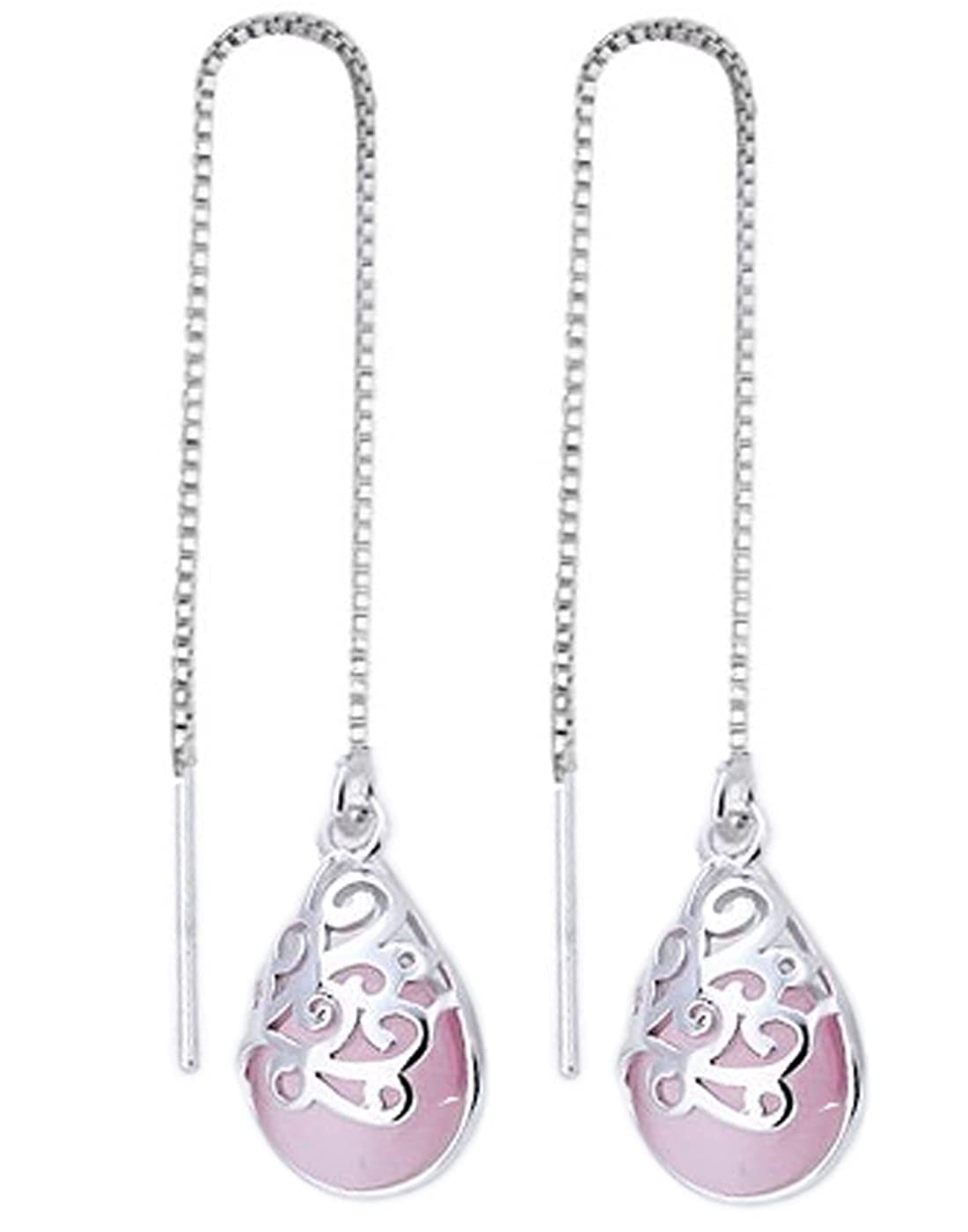 El Regalo Modern Opal Cat's Eye Drop Threader Earrings for Girls & Women - Perfect Valentines Day Gift for Her (Pink Threader)