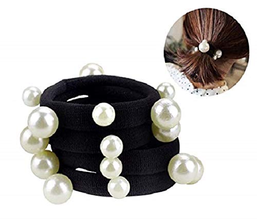 El Regalo Imitation Pearls Elastic Rubber Band Ties Ponytail Holder Scrunchy (Combo Set of 6) | Fancy Rubber Bands for Girls & Women | Fancy Rubber Bands for Hairs (Black)