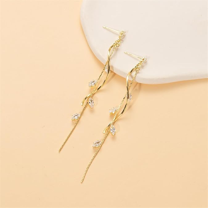 El Regalo Long Copper Zirconia Rhinestone Leaf Drop Dangle Earrings for Women | Korean Style Vine Fringe Earrings | Classy Party, Wedding & Casual Earrings Jewelry (Gold)