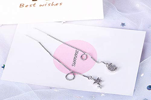 El Regalo 925 Silver Plated Minimalist Long Thin Linear CZ Elegant Threader Dangle Chain Earrings for Girls & Women (Moon Sun Threaders)