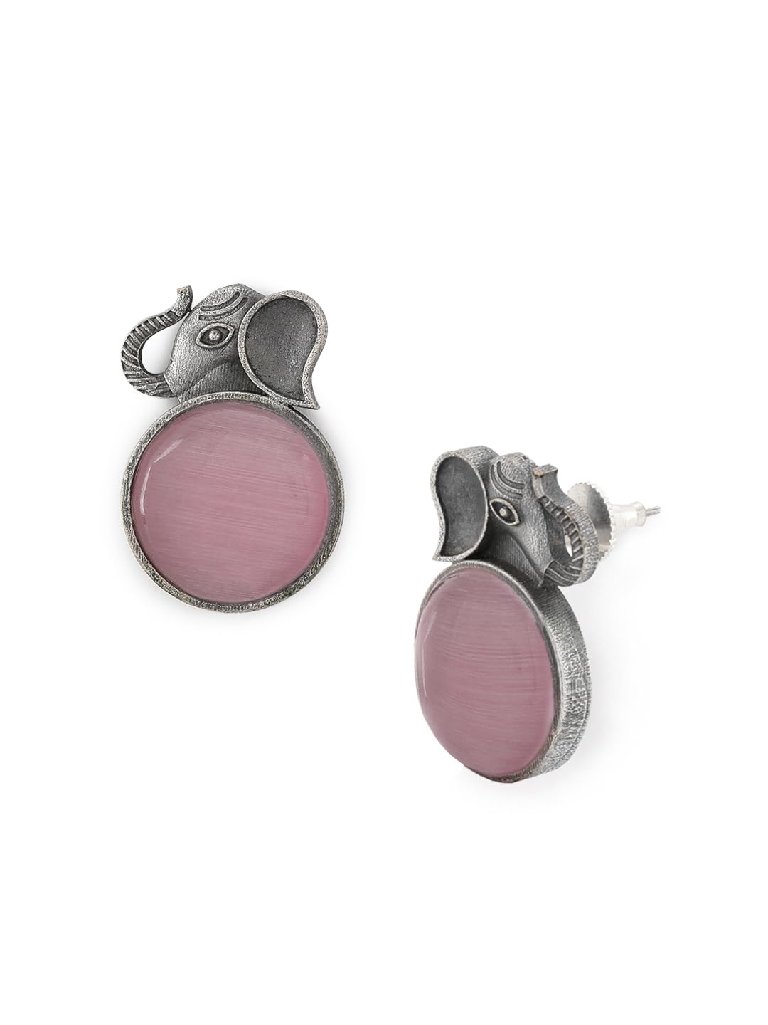 El Regalo 1Pair Oxidized German Silver Ganesha Elephant Stone Stud Earrings- Handcrafted Unique Earrings with Color Stone Options (Pink)