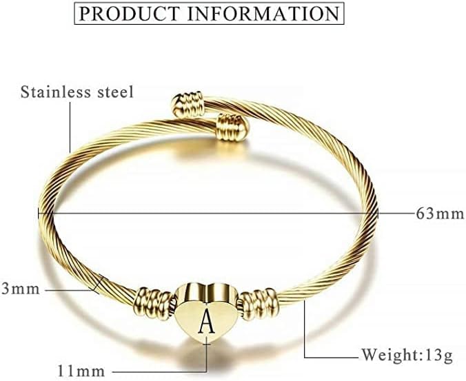 El Regalo Golden Stainless Steel Heart Name Initials/Letters Cuff Bracelet for Girls/Women- Gold Plated A-Z Personalized Name Letter Heart Bracelet (M Letter)