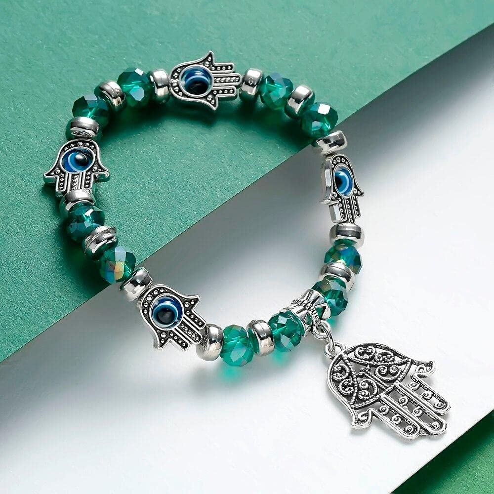 El Regalo 1 PC Evil Eye Crystal Beads Unisex Bracelets For Women Men Girls Boys - Hamsa Hand Fatima Beads Charms Elastic Bracelet Pulsera Jewelry (Green Crystal Evil Eye Bracelet)