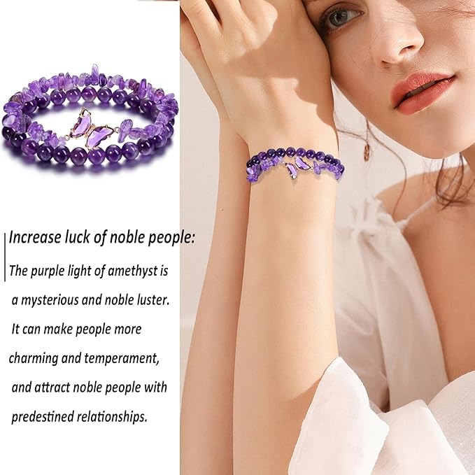El Regalo 2PCs Natural Crystals Butterfly Bracelets Set- Real Crystals Healing Stones Bracelet Combo for Women (Purple Amethyst)