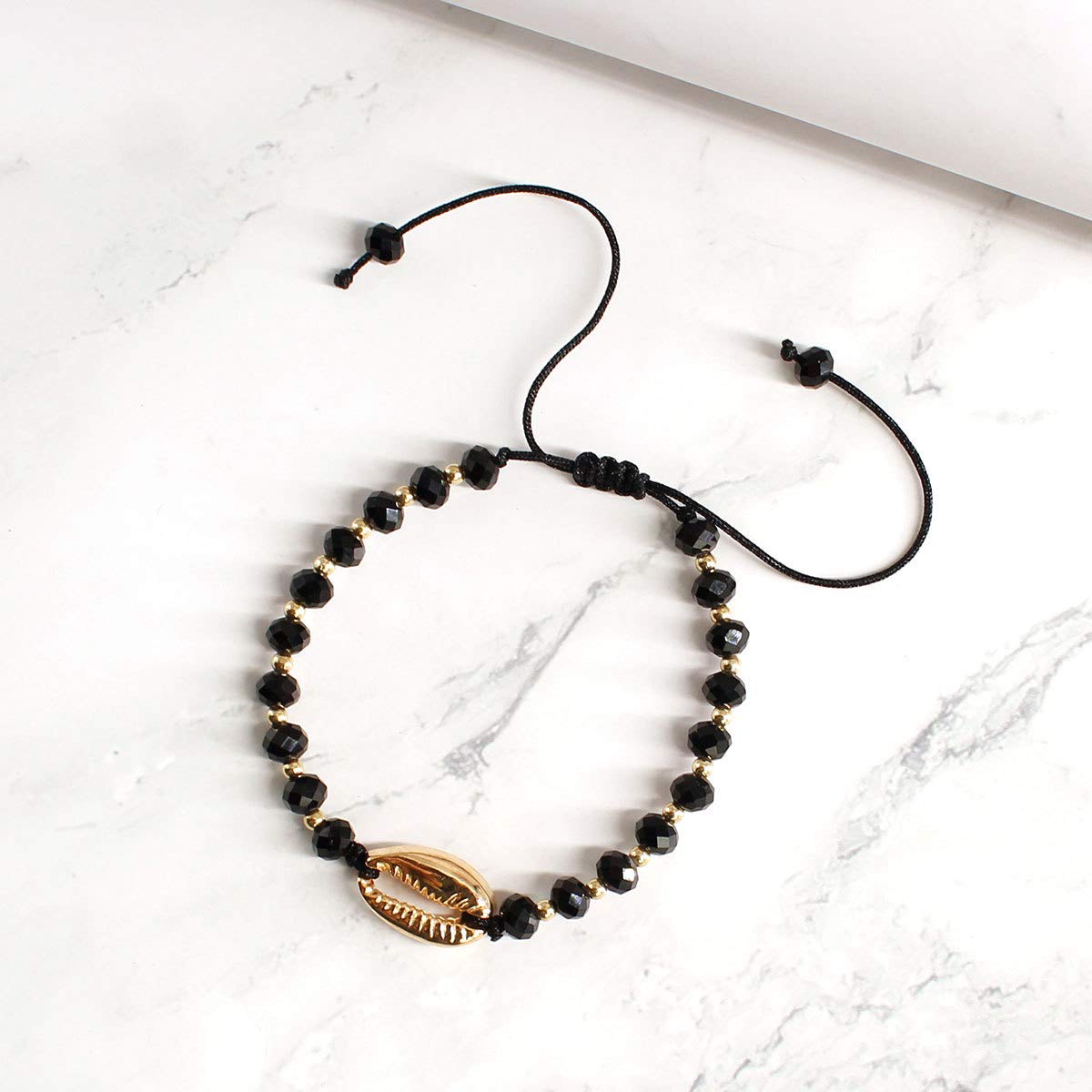 El Regalo Black Beads Golden Shell Handwoven Macrame Adjustable Anklet cum Bracelet for Girls and Women