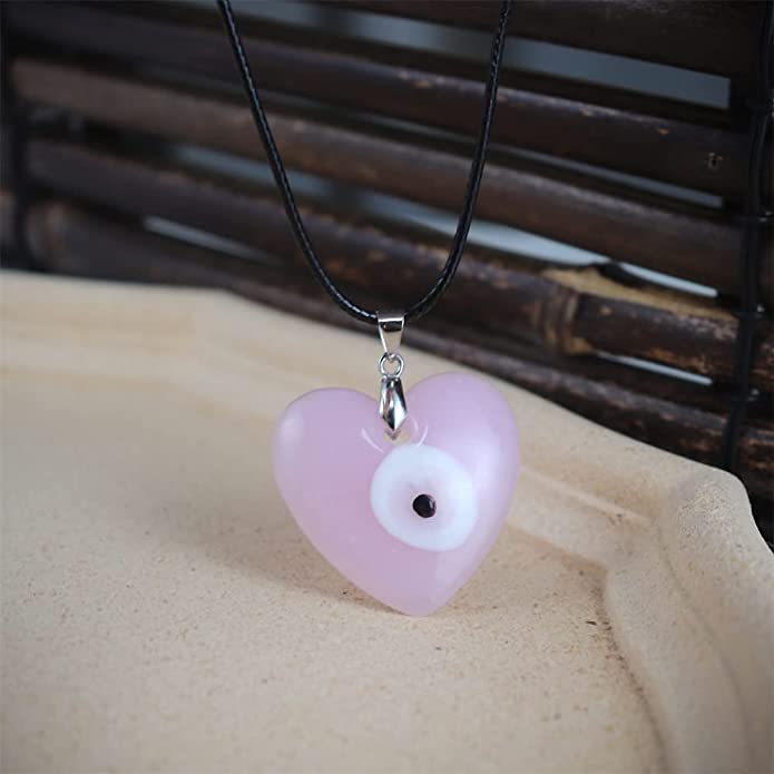El Regalo 1 PC Big Pink Evil Eye Pendant Necklace for Girls & Women - Turkish Evil Eye Big Leather Rope Necklace (Heart Evil Eye)