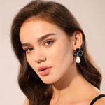 El Regalo Cute Orchid Flower Teardrop Pearl Earrings- 14K Gold Plated Pearl Earrings for Women | Floral Enamel drop Ball Earrings (Black)
