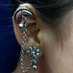 El Regalo Ethnic Oxidized Floral-Crescent Moon Ear Cuffs - Handmade Silver Lookalike Ghunghru Earrings with Ear Clips for Women & Girls - Antique Brass Earrings with Chain Connection