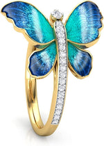 El Regalo Green-Blue Iridescent Enamel Butterfly Ring for Women & Girls - Gold Plated Adjustable Finger Ring with Sparkling CZ Accent