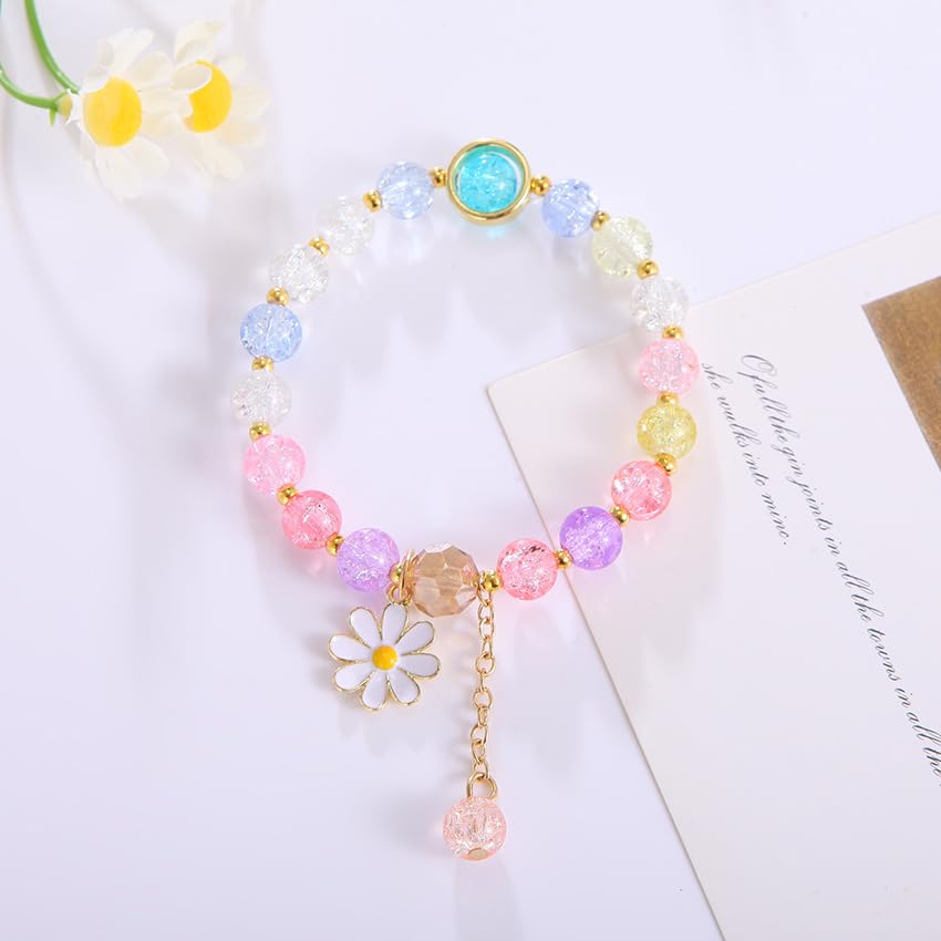 El Regalo 1 PC Dailsy Flower Sparkly Crystal Beads Tassel Bracelet for Girls/Teens/Women- Cute Crackle Beads Daisy Flower Stretch Bracelet (Multi Colored)