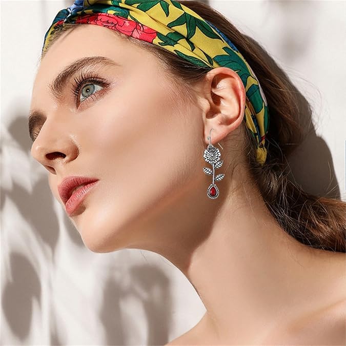 El Regalo Vintage Rose Red Crystal Silver Earrings- Trendy Vintage Bohemian Ethnic Flower Drop Statement Earrings for Women/Girls