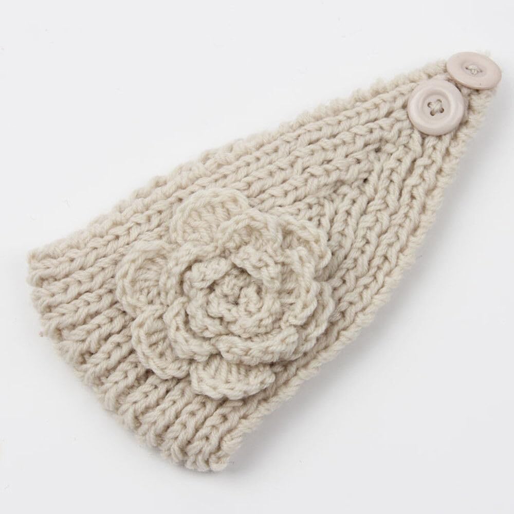 El Regalo's 1PC Winter Crochet Knitted Headwrap Headband with 3D flower & Button for Girls & Women- Ear Warmer Hair Muffs Band | Winter Designer Headbands for Teens & Women (White)