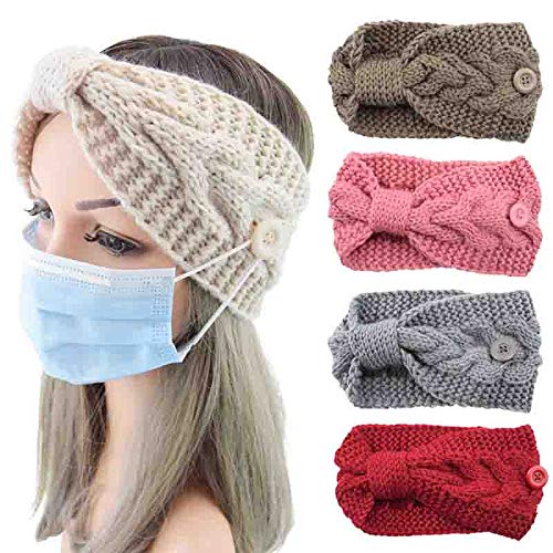 El Regalo 1 PC Knitted Winter Woolen Warm Headband with Buttons for Face Mask Cover | Cold Weather Hair Accessories Head Wrap | Criss Cross Bow Winter Headbands for Girls/Teens/Women (Red)