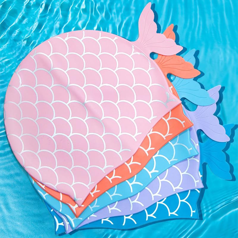 El Regalo 1PC Cute Mermaid Fish Tail Silicon Swimming Cap for Kids, Girls, Boys, and Teens (Purple)