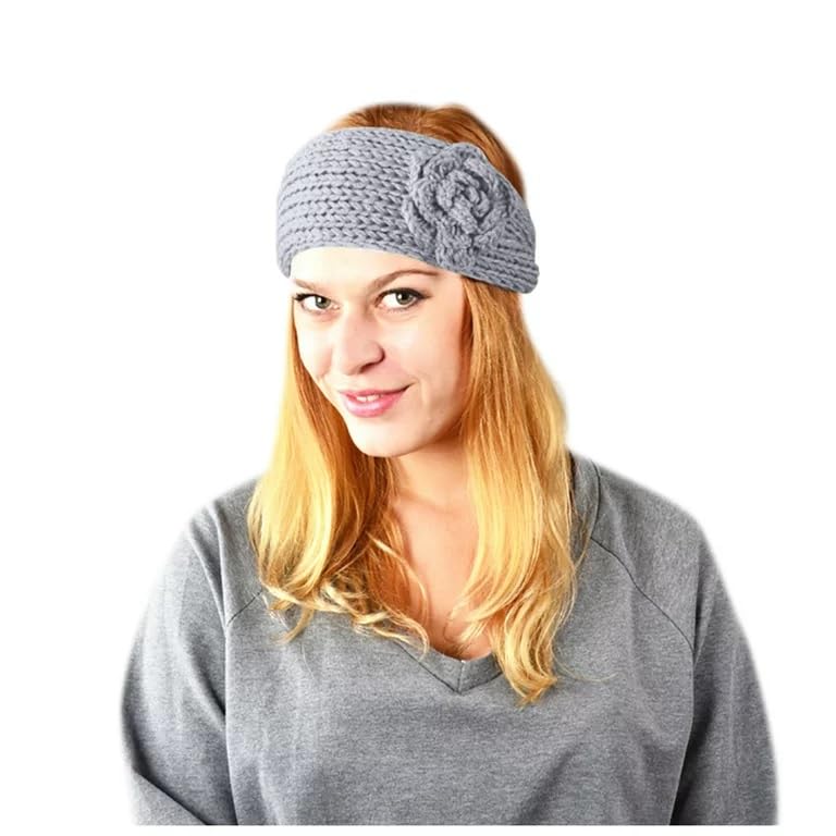 El Regalo's 1PC Winter Crochet Knitted Headwrap Headband with 3D flower & Button for Girls & Women- Ear Warmer Hair Muffs Band | Winter Designer Headbands for Teens & Women (Grey)
