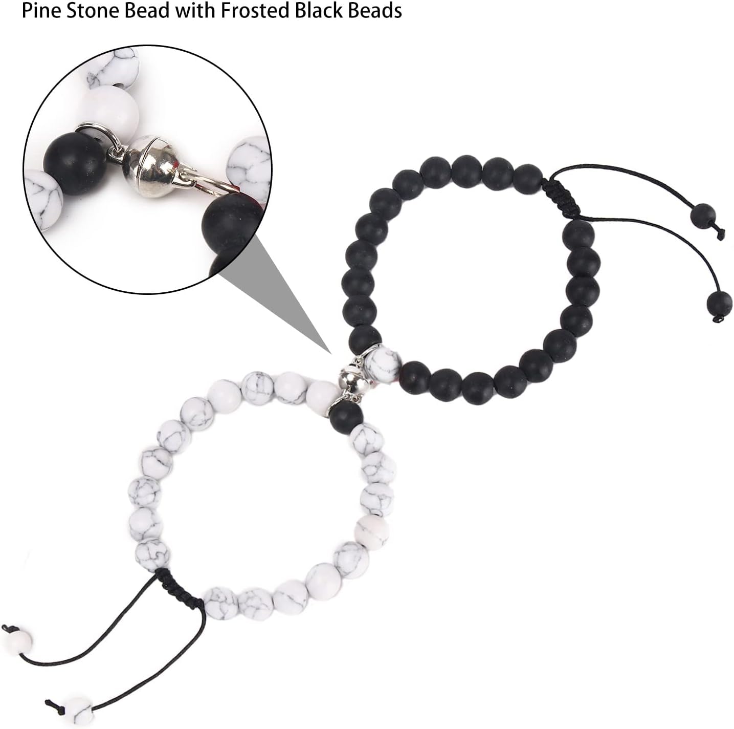 El Regalo 2PCs Magnetic Natural Stones Unisex Bracelets for Couples, Best Friend, Boyfriend & Girlfriend, Long Distance Connecting Bracelets Set- Valentines Day Gift (Black & White)