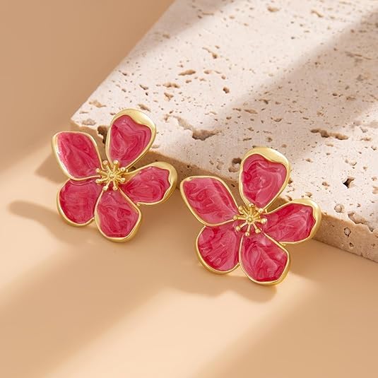 El Regalo Enameled Flower Stud Earrings for Women- Trendy Statement Big Flower Earrings (Magenta Red)