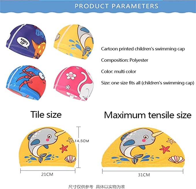 El Regalo 2 PCs Swim Cap Kids/Toddlers, Comfortable Breathable Polyester Fabric Swimming Caps Cute Cartoon Dolphin, Shark, Owl, Mermaid Fairy, Unicorn, Giraffe Swim Caps (Yellow Dolphin & Car)