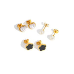 El Regalo Stainless Steel Stud Earrings Combo for Women & Girls | 18K Gold Plated Anti-Tarnish Cute Pearl, Black Flower, & Heart Western Earrings Set | Elegant Daily Wear Aesthetic Jewelry (Set of 3 Pairs)