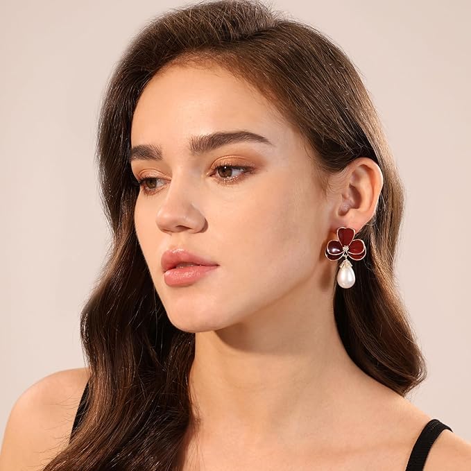 El Regalo Cute Orchid Flower Teardrop Pearl Earrings- 14K Gold Plated Pearl Earrings for Women | Floral Enamel drop Ball Earrings (Dark Maroon)